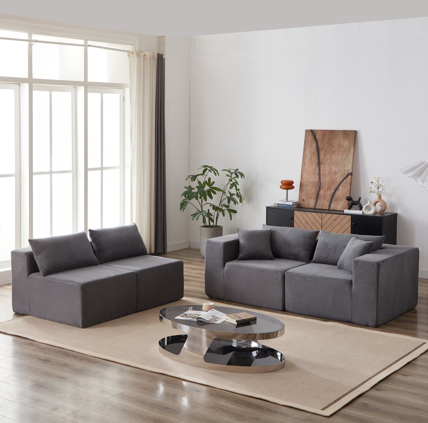 OKWISH Hoekbank – 4-Zits Modulaire L-Vormige Bank – Vrij Te Combineren – Corduroy – Grijs – Voor Woonkamer En Slaapkamer