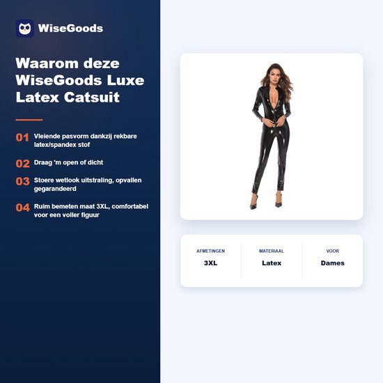 Productinformatie voor de WiseGoods Luxe Latex Catsuit in maat 3XL, met voordelen en productfoto.