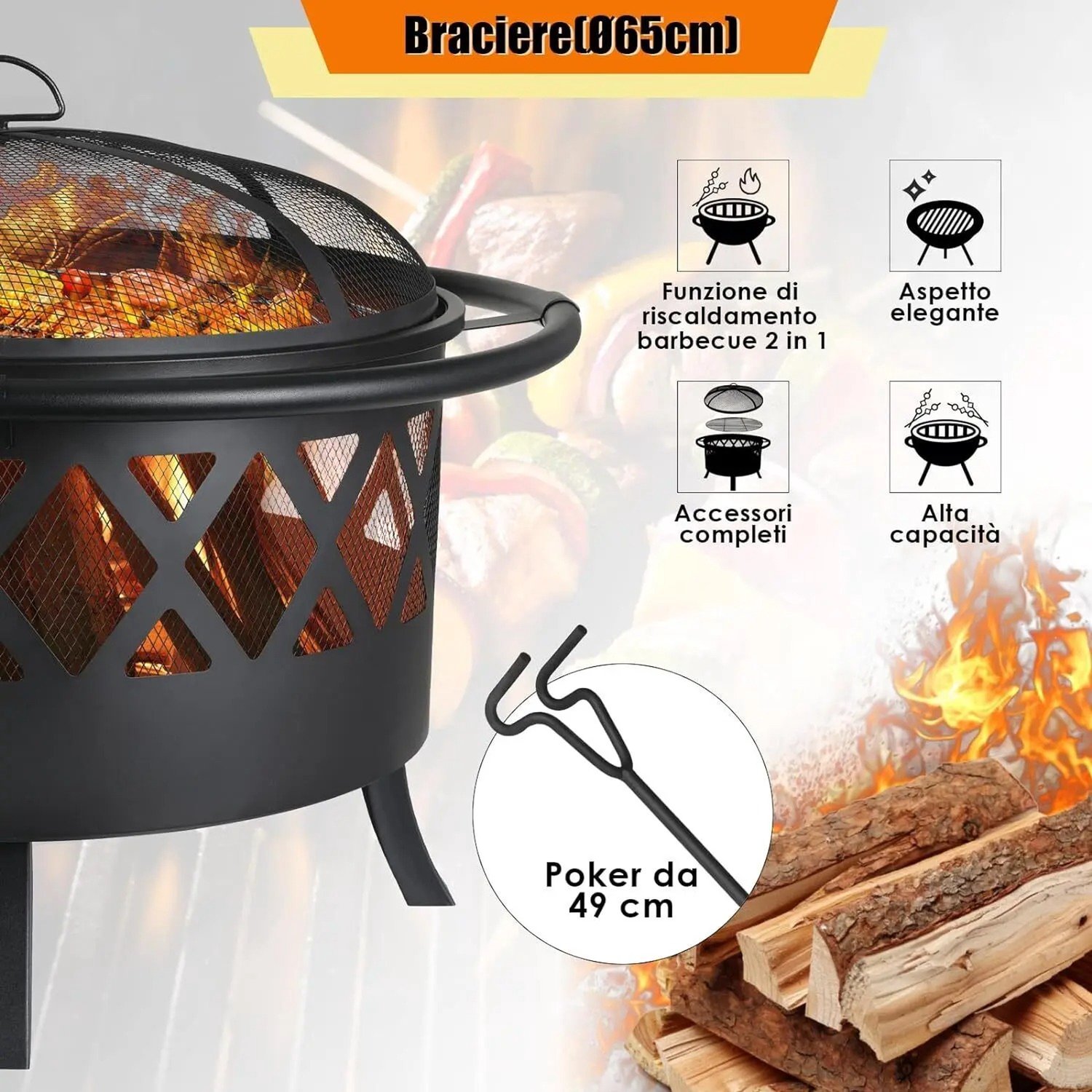 Seth Select Vuurschaal 3-in-1 Ø81 cm – Vuurkorf met Grillrooster & Vonkenbescherming – Vuurplaats en BBQ – Metalen Vuurschaal - Zwart