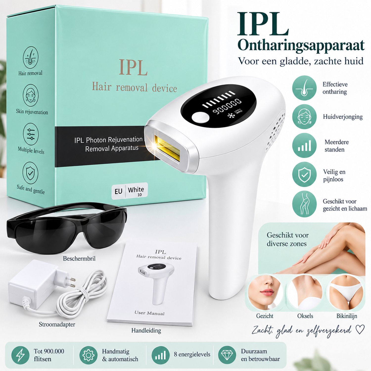 IPL Ontharingsapparaat – Voor Gezicht & Lichaam – Wit – Inclusief Beschermbril