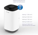 Witte luchtreiniger met een icoon van een verwarmingselement en de bevochtigingscapaciteit ingesteld.