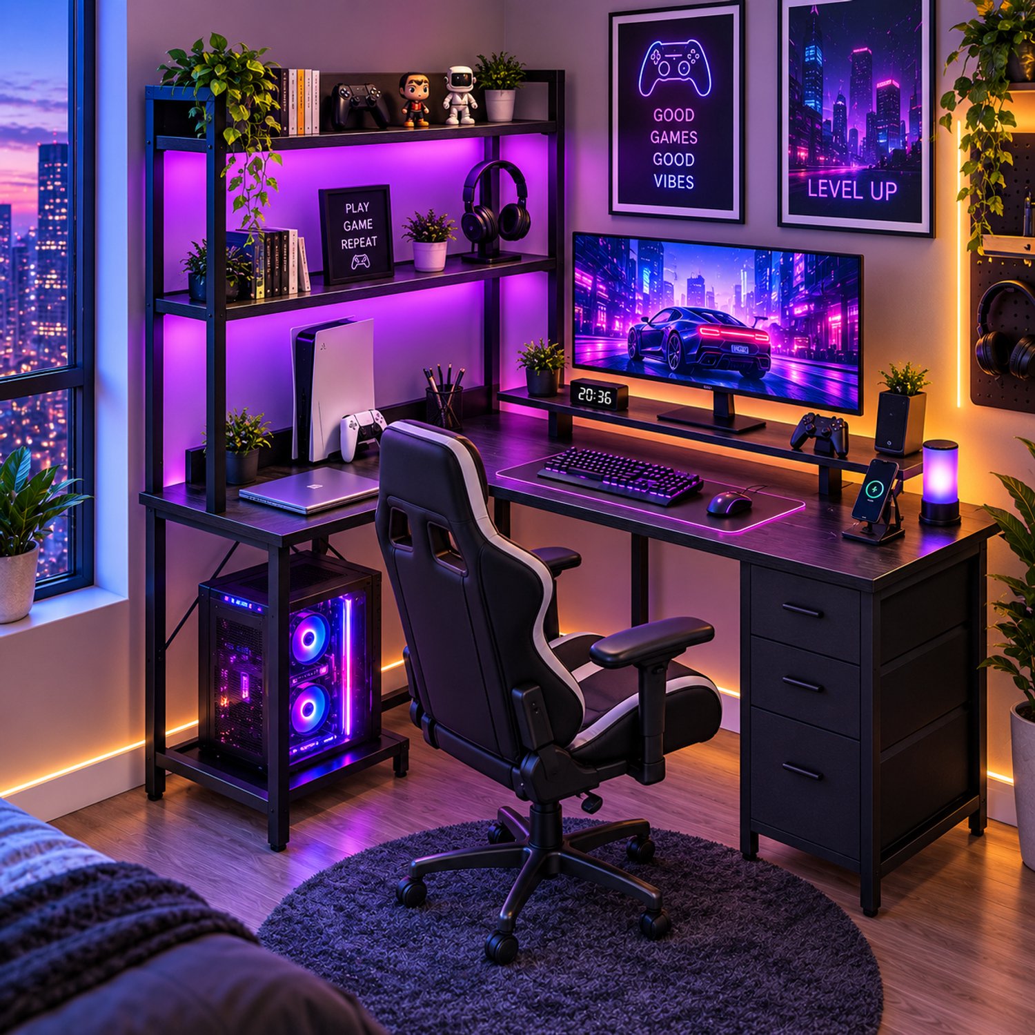 Parasha Nova Bureau - L-Vormig Hoekbureau - Gaming Bureau met LED-Verlichting, 3 Lades Computertafel met Stopcontacten en USB-Poorten - Monitorstandaard, 140 x 100 x 150 cm