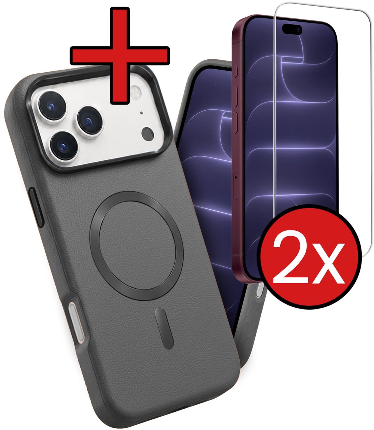 Hoesje - Met 2x Screenprotector - Geschikt voor Apple iPhone 18 Pro Max - Magsafe Compatible - Leer Look - Sterk & Shockproof - Shock Proof Case - Back Cover - Telefoon Hoes - Telefoonhoes - Grijs