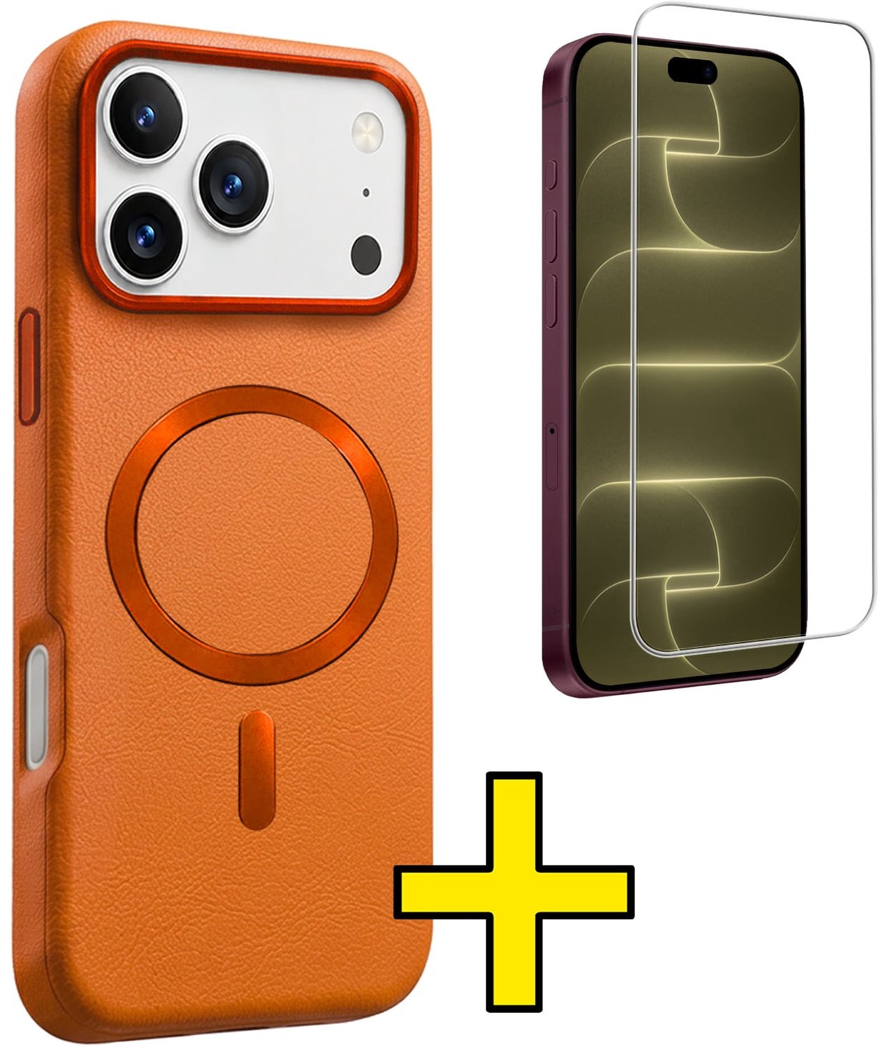 Hoesje - Met Screenprotector - Geschikt voor Apple iPhone 18 Pro Max - Magsafe Compatible - Leer Look - Sterk & Shockproof - Back Cover - Shock Proof Case - Telefoon Hoes - Telefoonhoesjes - Oranje