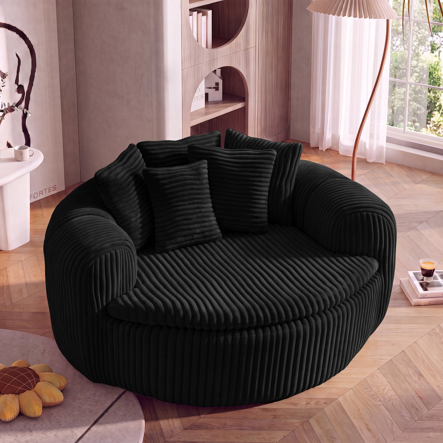 STILVORA Fauteuil 145 x 133 cm - Loungestoel Met 5 Kussens En Brede Armleuningen - Voor Woonkamer En Leeshoek - Ribstof Zwart