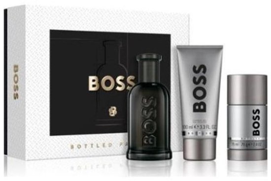 Hugo Boss Bottled Parfum cadeauset met parfumflacon, douchegel en deodorantstick in wit en zwart verpakking.