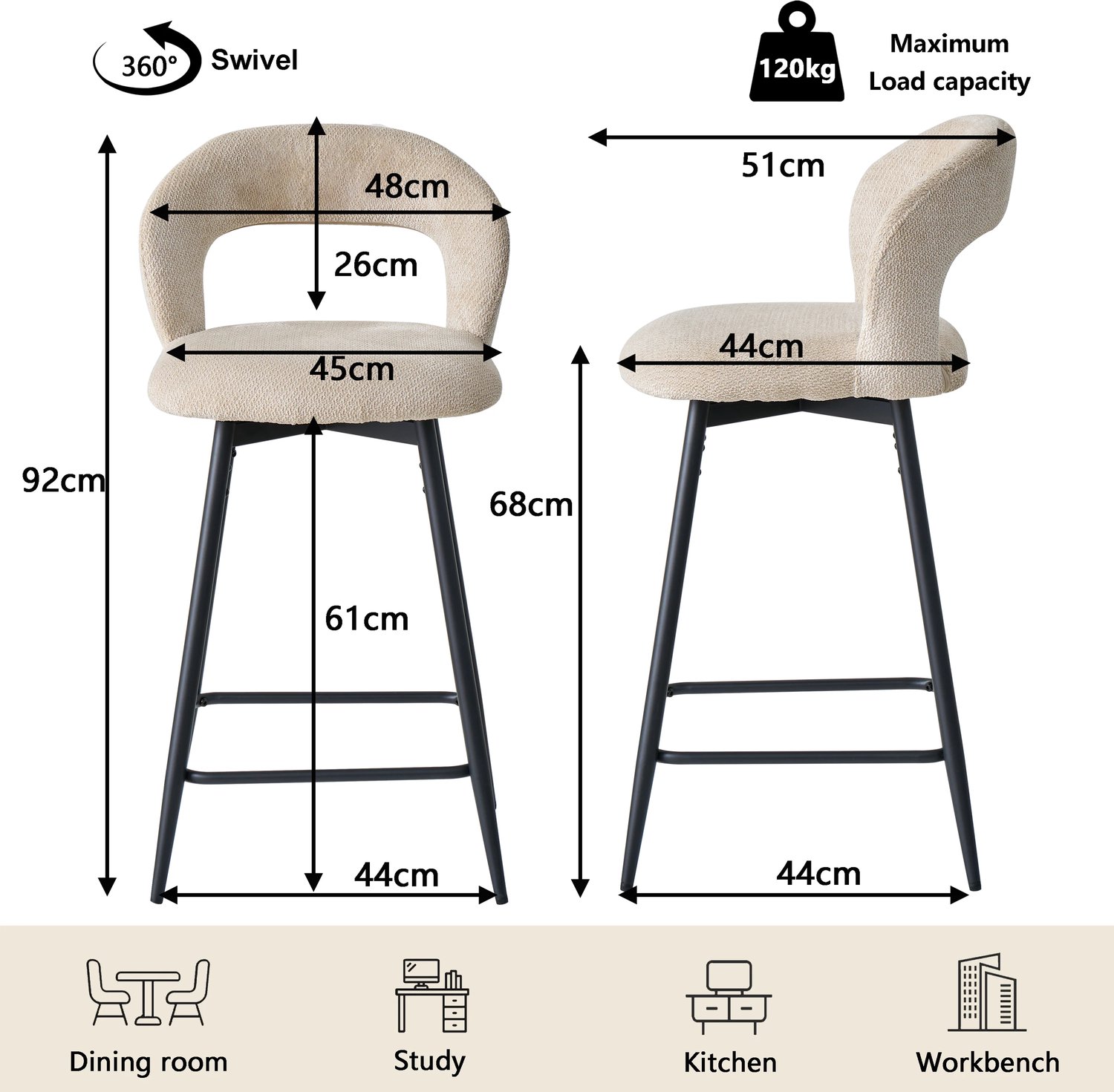 ArtiZo Barkruk set van 2 - eetkamerstoelen met rugleuning - linnenstof wit - draaibaar - voetensteun - zwarte metalen poten - zithoogte 68 cm