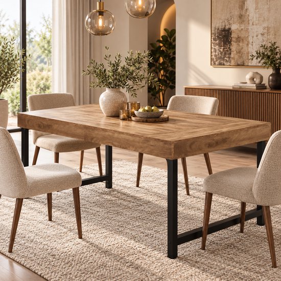 Eettafel met houtlook tafelblad en zwart metalen frame, omringd door stoelen.