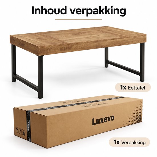 Eettafel met houtlook tafelblad en zwart metalen frame, naast de verpakking.