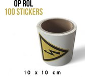 Pictogram/ stickers op rol (100x) | Waarschuwing onder spanning | 10 x 10 cm | Elektriciteit | Voordeel set | Gevaar | Aarding | Levensgevaar | Elektriciteitskast | Stroom | Kortsluiting | Keuring | Elektrische apparaten | Sticker | 1 rol