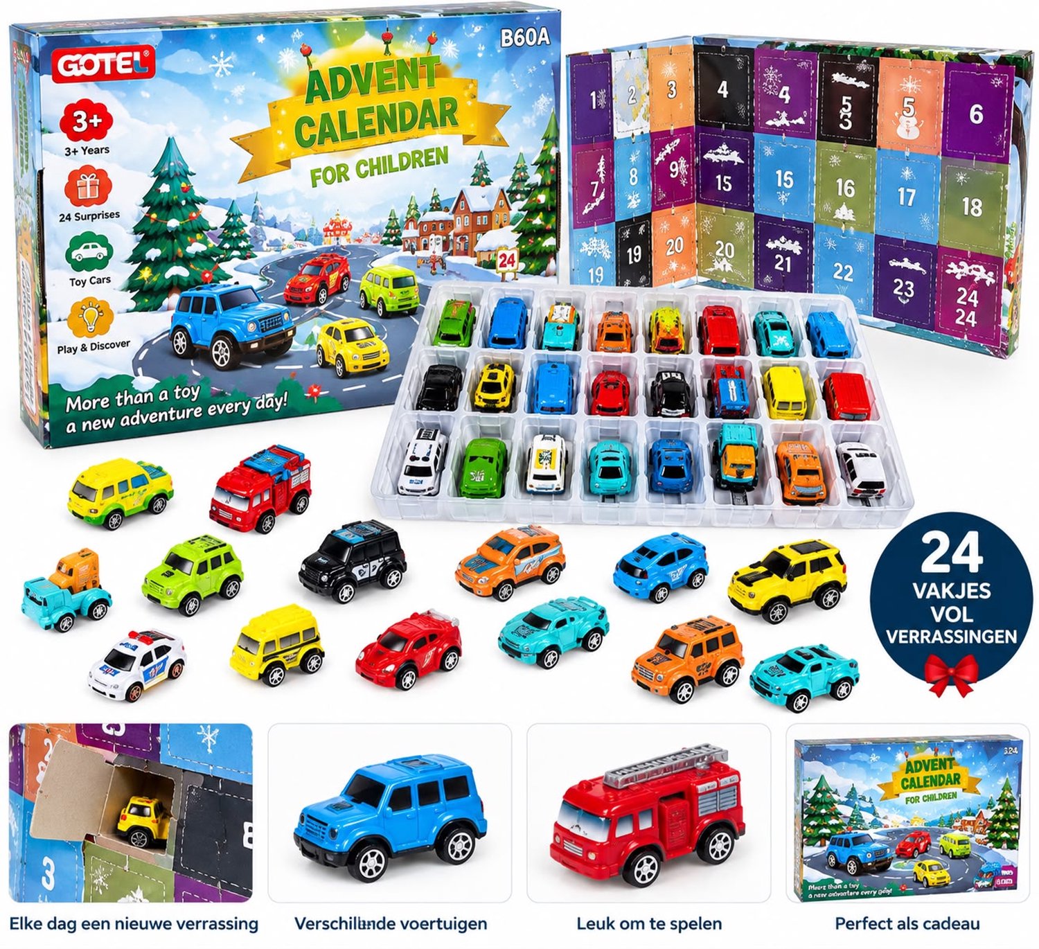 Auto Adventskalender voor kinderen-24 vakjes met speelgoedauto's- kerst advent calendar