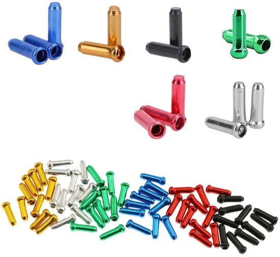 Assortiment gekleurde metalen kabeluiteinden voor fietsen.