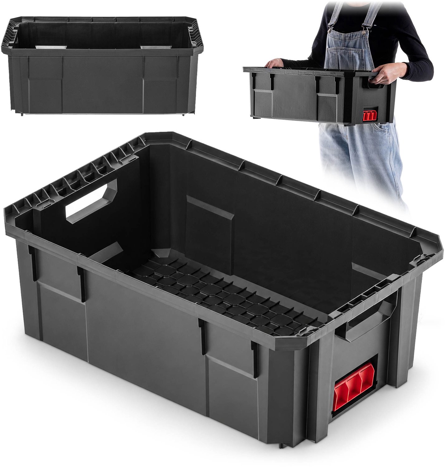 KADAX gereedschapskist 55 x 36 x 20 cm, stapelbare transportkist van kunststof; transportkist voor het opbergen van gereedschap, stapelbare kist voor de werkplaats, open gereedschapskist met handgrepen, draagvermogen tot 25 kg