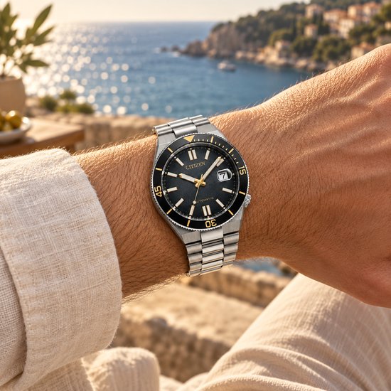 Zilveren horloge met zwarte wijzerplaat en gele accenten op een zonnige kustlocatie.