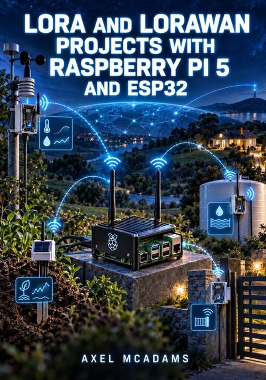 Boekomslag: LoRa en LoRaWAN projecten met Raspberry Pi 5 en ESP32, met een Raspberry Pi in een tuinlandschap.