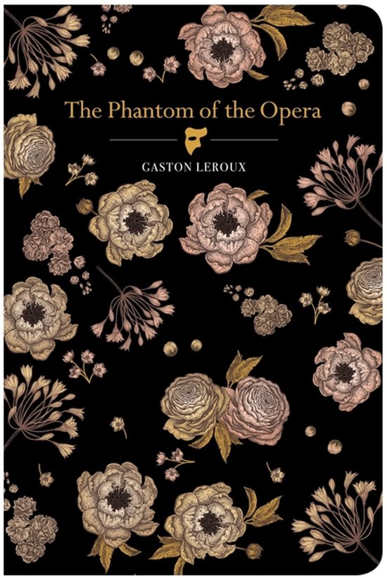 Boekomslag van 'The Phantom of the Opera' met een zwart met bloemen in roze, goud en beige.