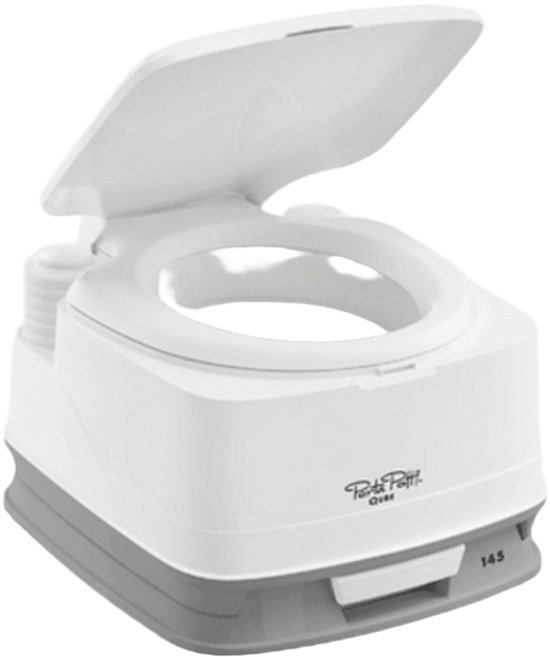 Wit Thetford Porta Potti 145 mobiel toilet met grijze basis en deksel open.
