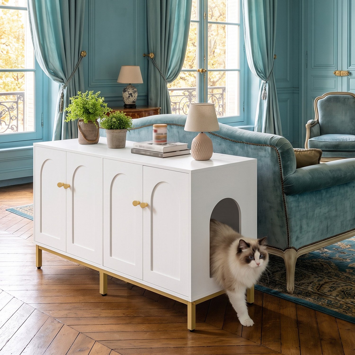 HILINSIE Kattenbakmeubel - houten kattenbak - verborgen kattenbak - met aparte vakken - kattenverblijf meubel - 118.2 x 49.2 x 60.2 cm