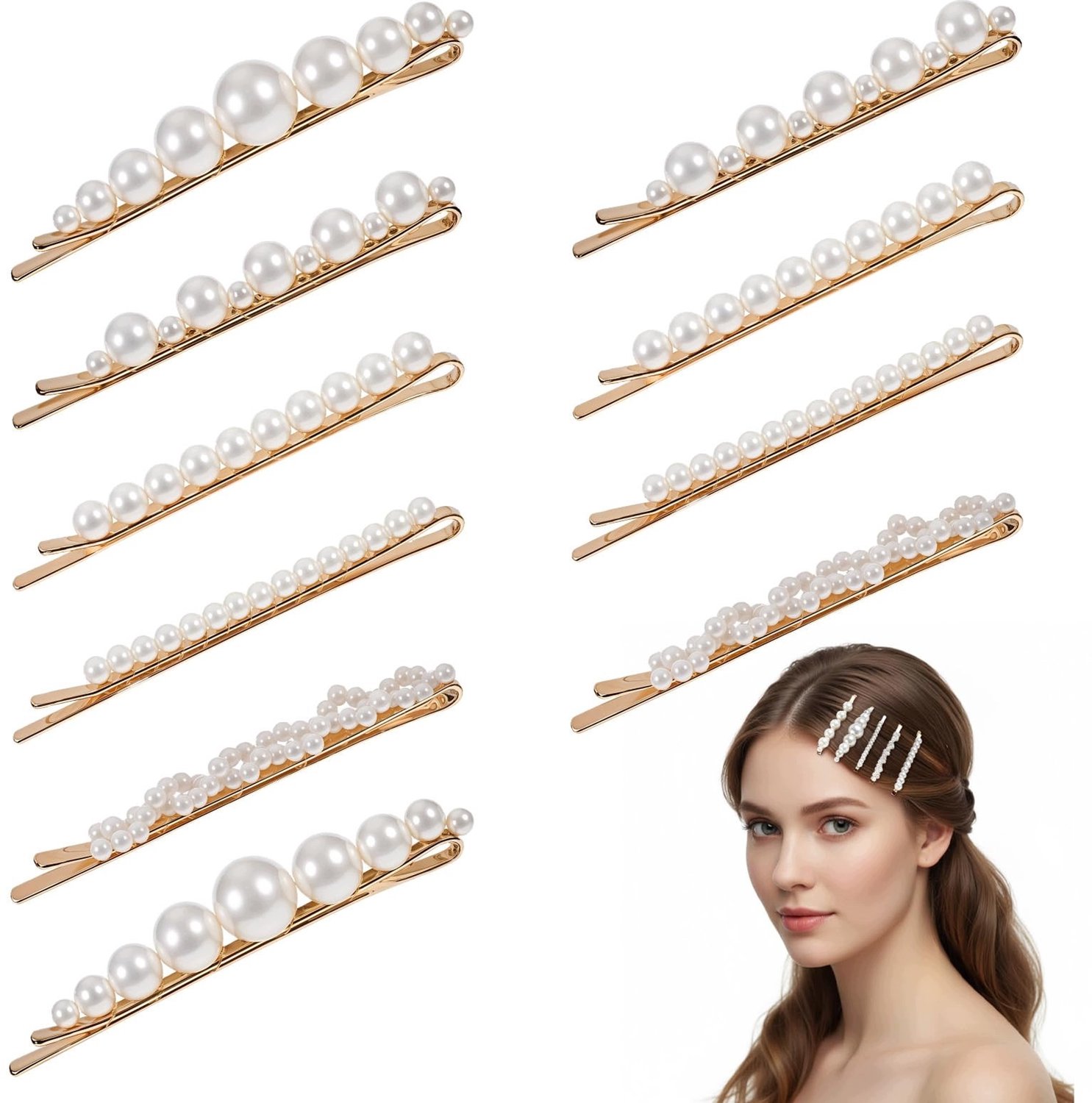 Elegante Haarspelden met Parels, 10 Stuks, Goudkleurig, 6,8 cm
