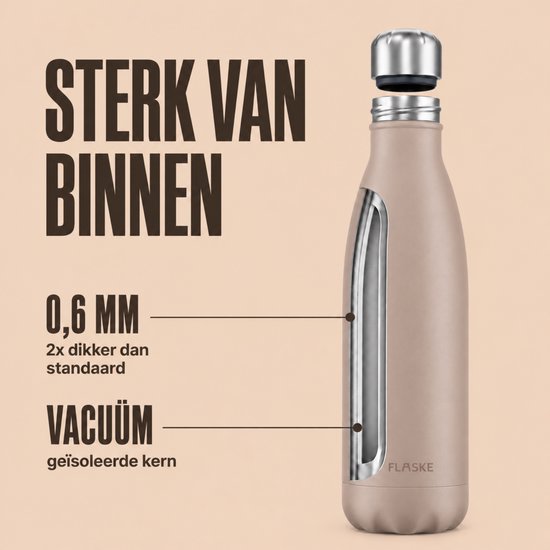 Dwarsdoorsnede van een beige FLASKE drinkfles die de dubbelwandige, vacuüm geïsoleerde kern toont.