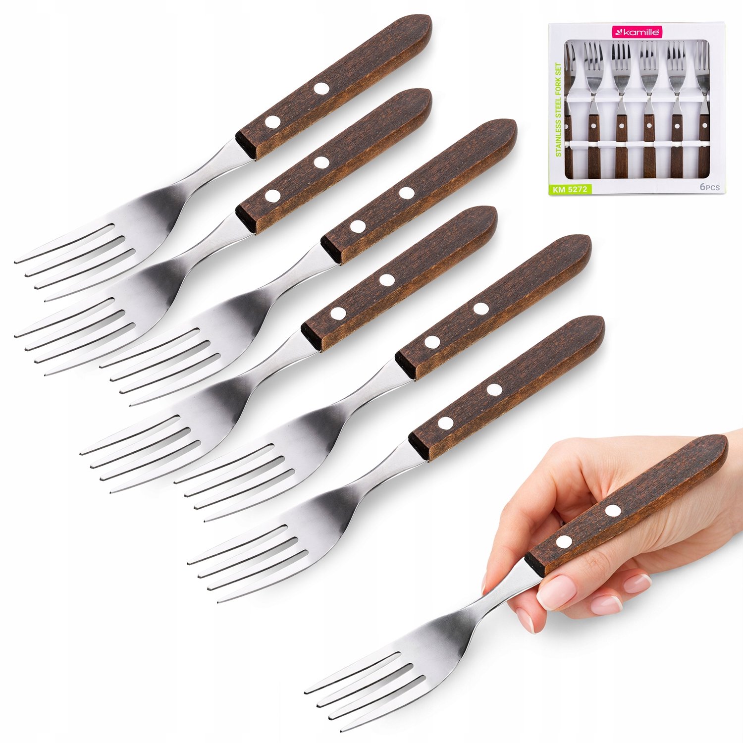 Kamille Diner Vorken Set (6 stuks) - RVS met Houten Handvat