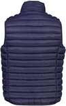 Achterkant van een donkerblauwe, gewatteerde bodywarmer met horizontale banen.