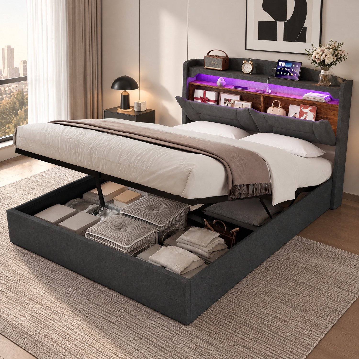 Opbergbed 140x190 cm met RGB-ledverlichting, Tweepersoonsbed gestoffeerd met functioneel hoofdbord, EU-, USB- en Type-C-aansluitingen, lattenbodem, bedframe, linnen Grijs