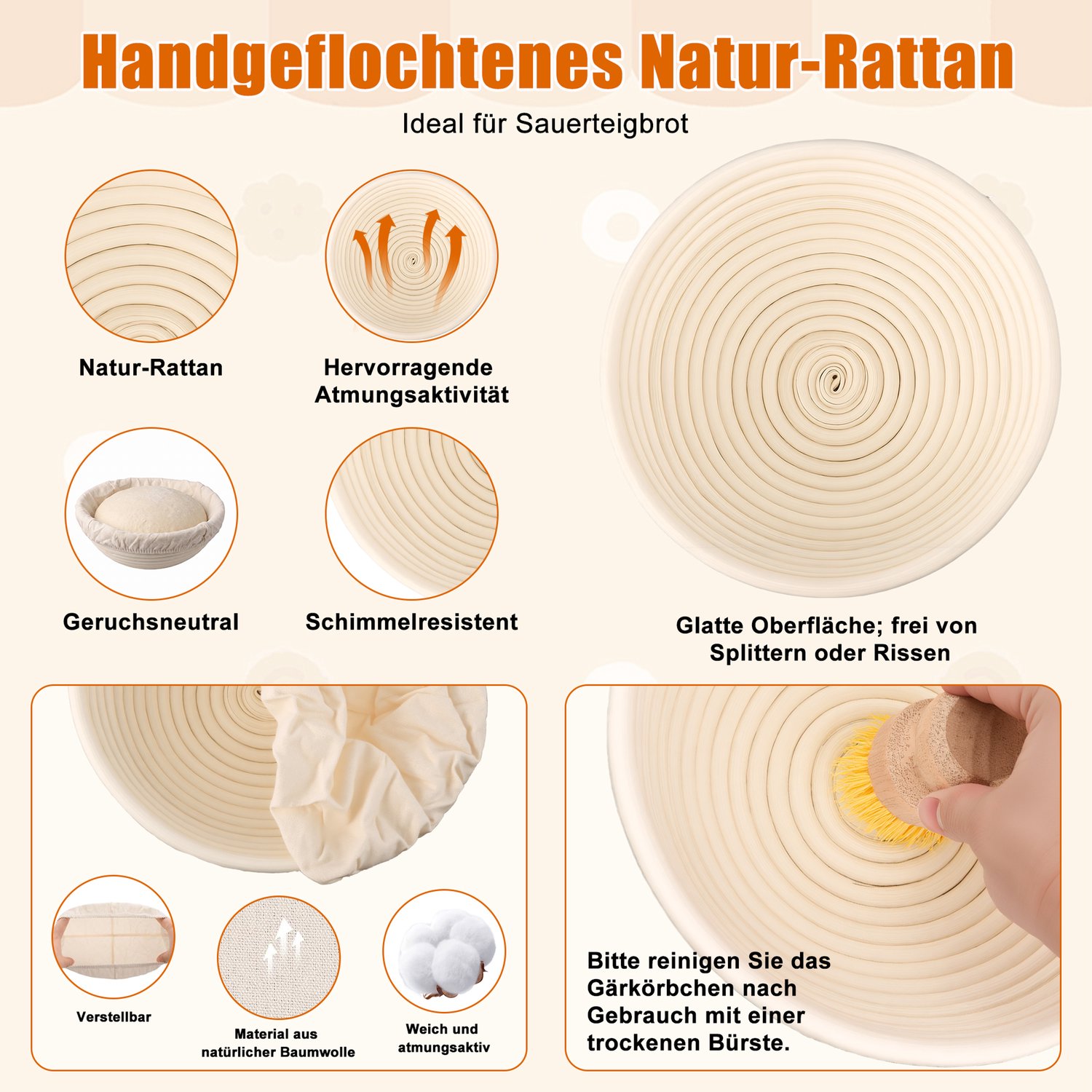 Yelenaro 24-Delige Zuurdesem Starter Set, Complete Broodbakset met 2 Rotan Rijsmandjes (23 cm Rond & 25 cm Ovaal), Inclusief 650 ml Zuurdesemglas, Deegschraper, Mehlzeef en Bakaccessoires voor Thuisbroodbakken