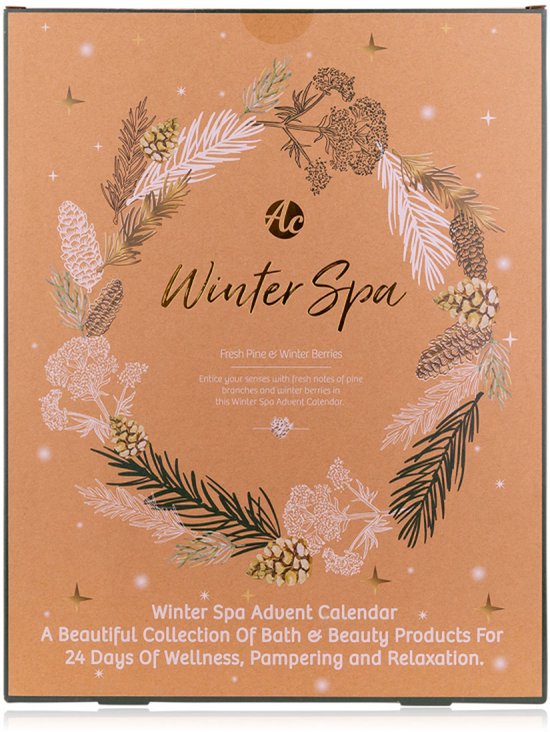 Bruine adventskalender met winterse dennentak- en bessenkrans, met de tekst Winter Spa en 24 dagen aan wellnessproducten.