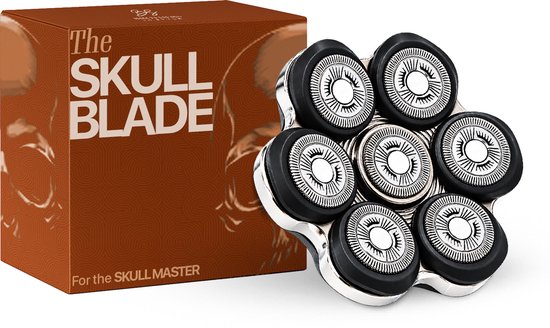 Zwarte magnetische scheerkop met 7 bladen voor de Skull Master Pro, met zilverkleurige details.