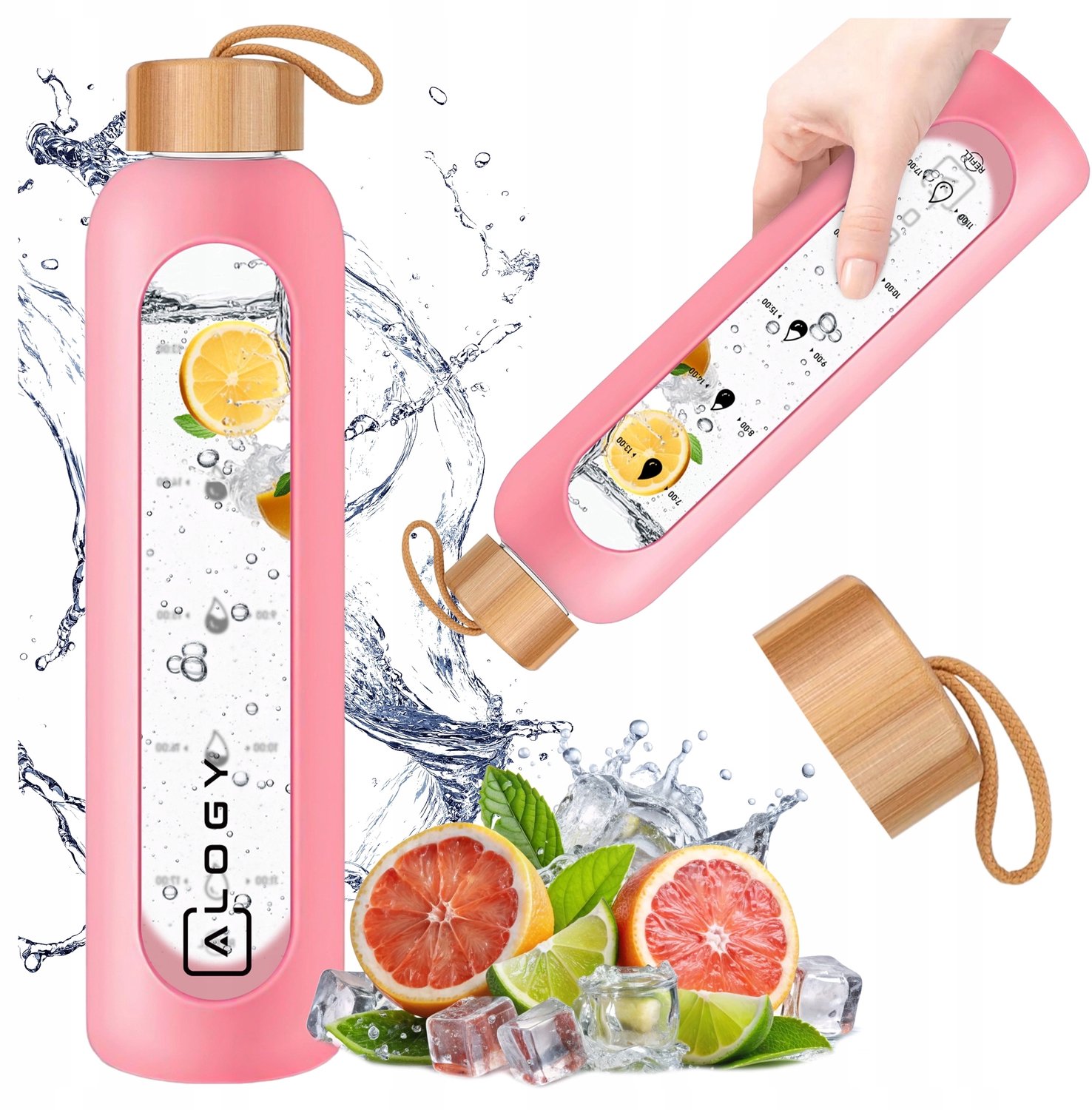Alogy Glazen Drinkfles 1L met Motivatie Markering & Siliconen Hoes