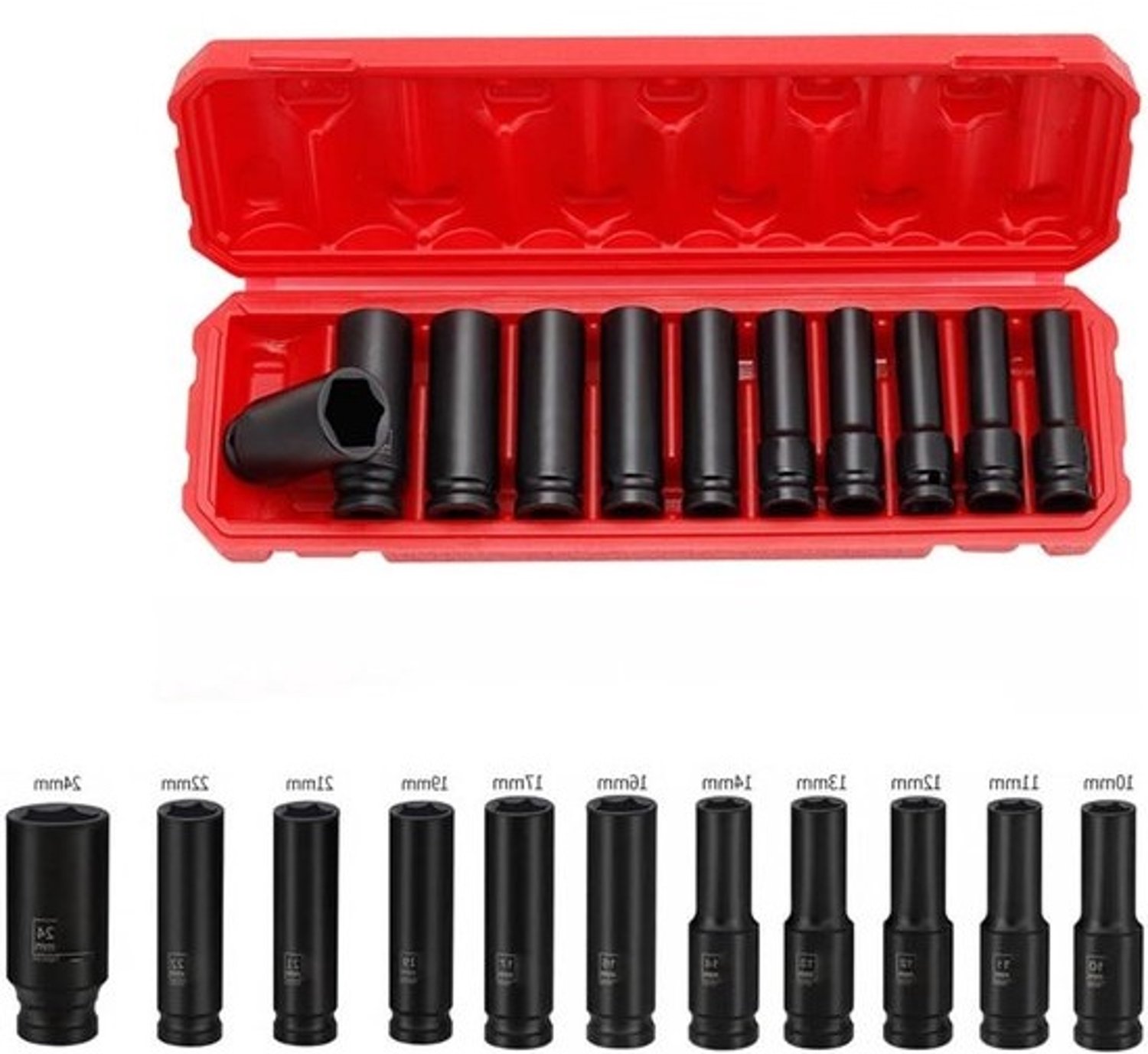 11-delige dopsleutelset - Doppenset - Voor mechanisch werk - 12-kantige doppen - 10–24 mm - Zwart