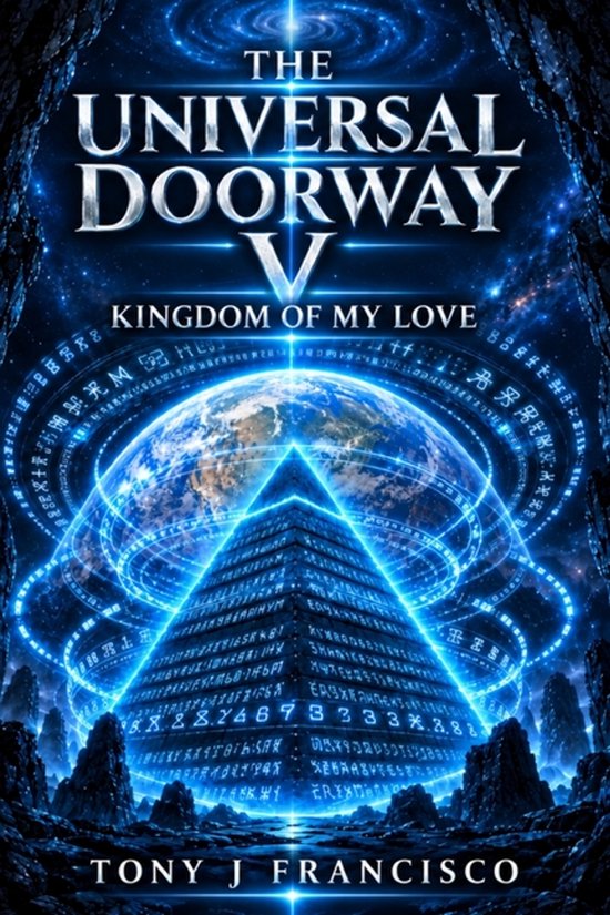 Couverture de livre avec une pyramide bleue lumineuse et la Terre sous un ciel étoilé, titre The Universal Doorway V.