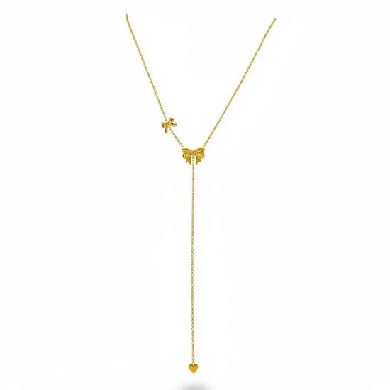 Gouden Y-ketting met twee strikjes en een hartje als bedeltje aan het uiteinde.