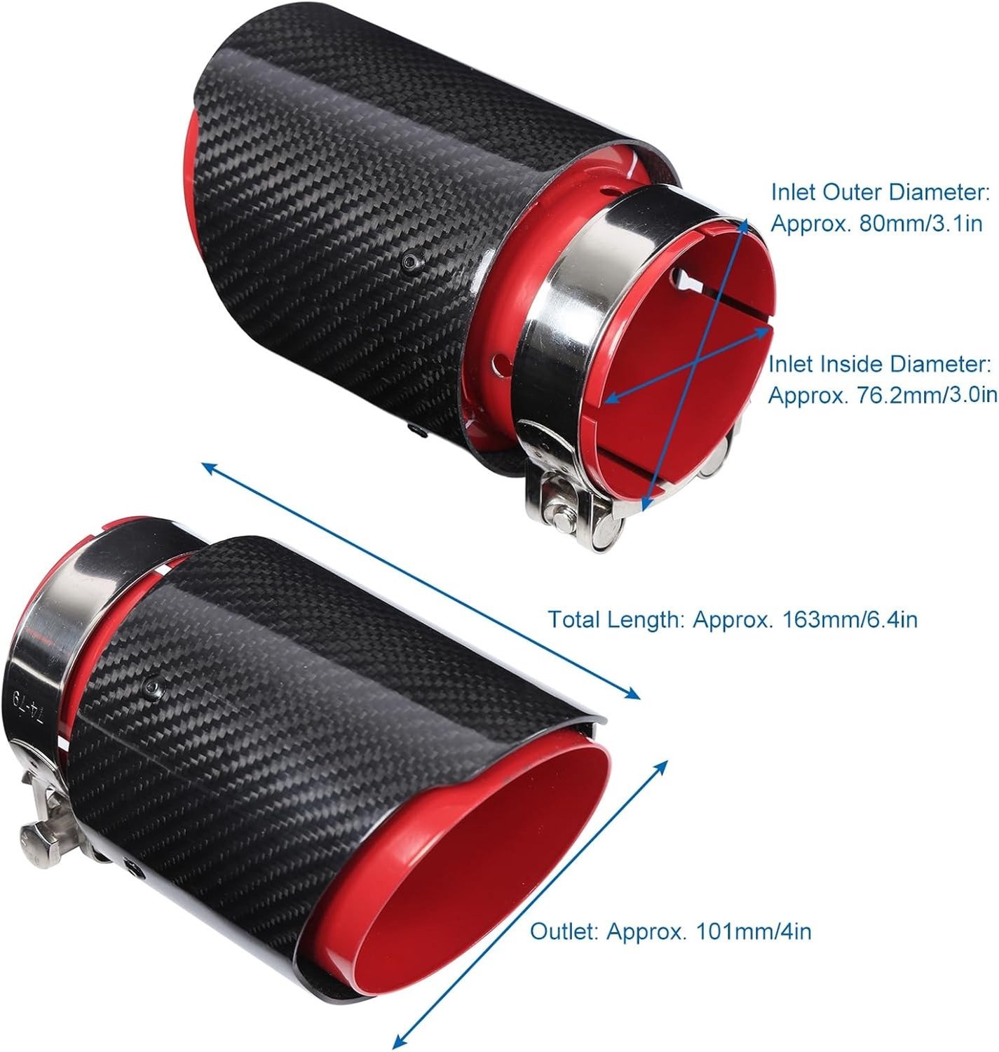 Universele Uitlaatpijp met Glanzend Carbon Fiber en Rode Afwerking - 3.1 inch Inlaat, 4 inch Enkelvoudige Uitlaat voor Verbeterde Geluidskwaliteit en Prestaties