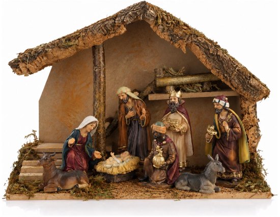 Complete kerststal - 39 x 19 x 28 cm - met 8 beeldjes 12 cm - kerstdecoratie stal