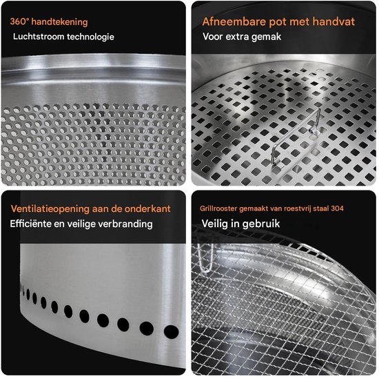 Zilverkleurige vuurkorf met 360° handtekening en luchtstroomtechnologie, ventilatieopeningen en grillrooster van roestvrij staal.