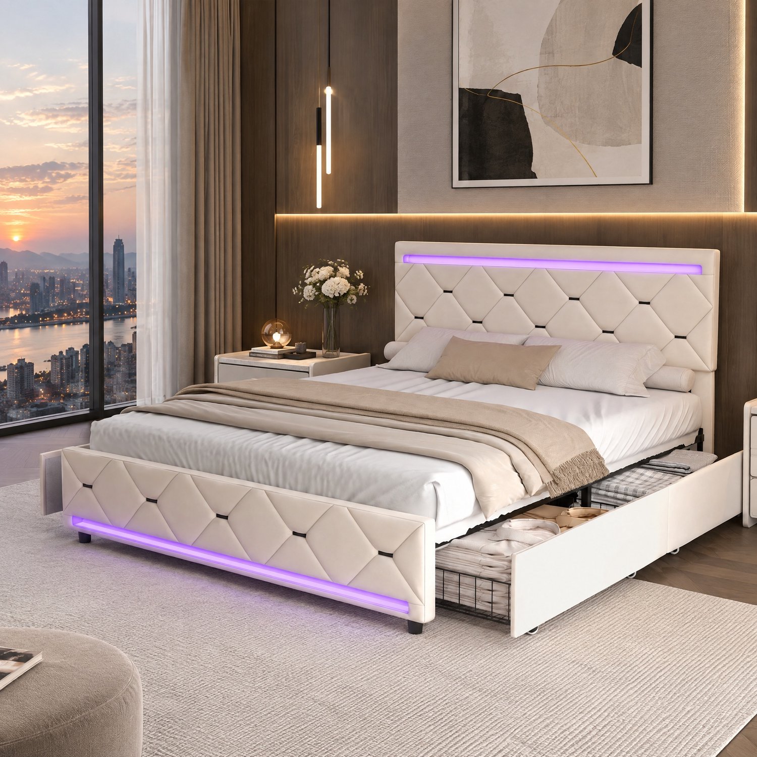 MEXUS Tweepersoonsbed 140x190 cm, bedframe met 4 lades en lattenbodem, LED-hoofdbord met opbergvak en 2 USB-poorten, bed voor tieners, gestoffeerd bed 140x190 cm, Fluweel Beige