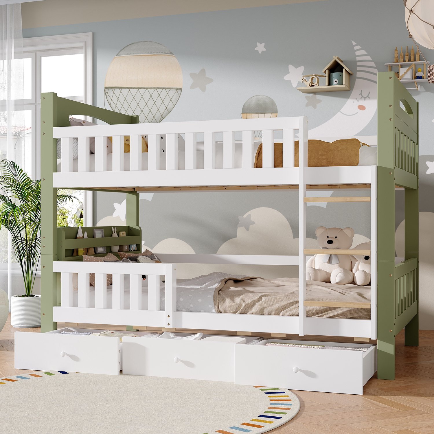 Sweiko Stapelbed - 90 x 200 cm - Houten kinderbed - Met opbergrek - 3 lades - Wit + Groen