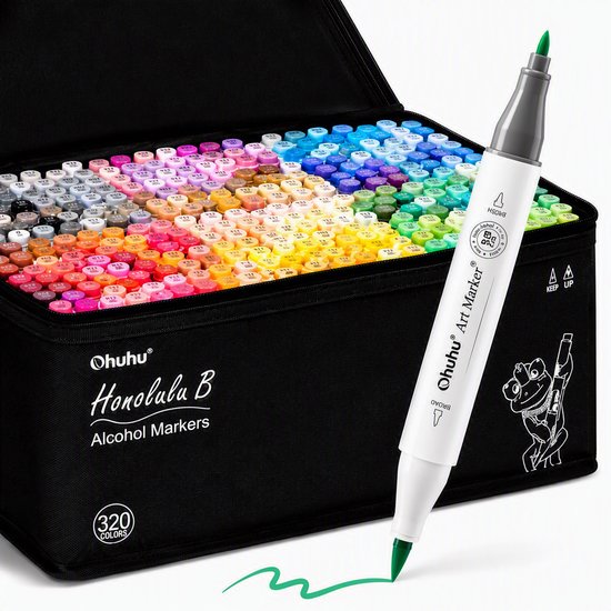Zwarte opbergtas met 320 Ohuhu Honolulu B alcoholmarkers en een losse witte markeerstift met groene punt.