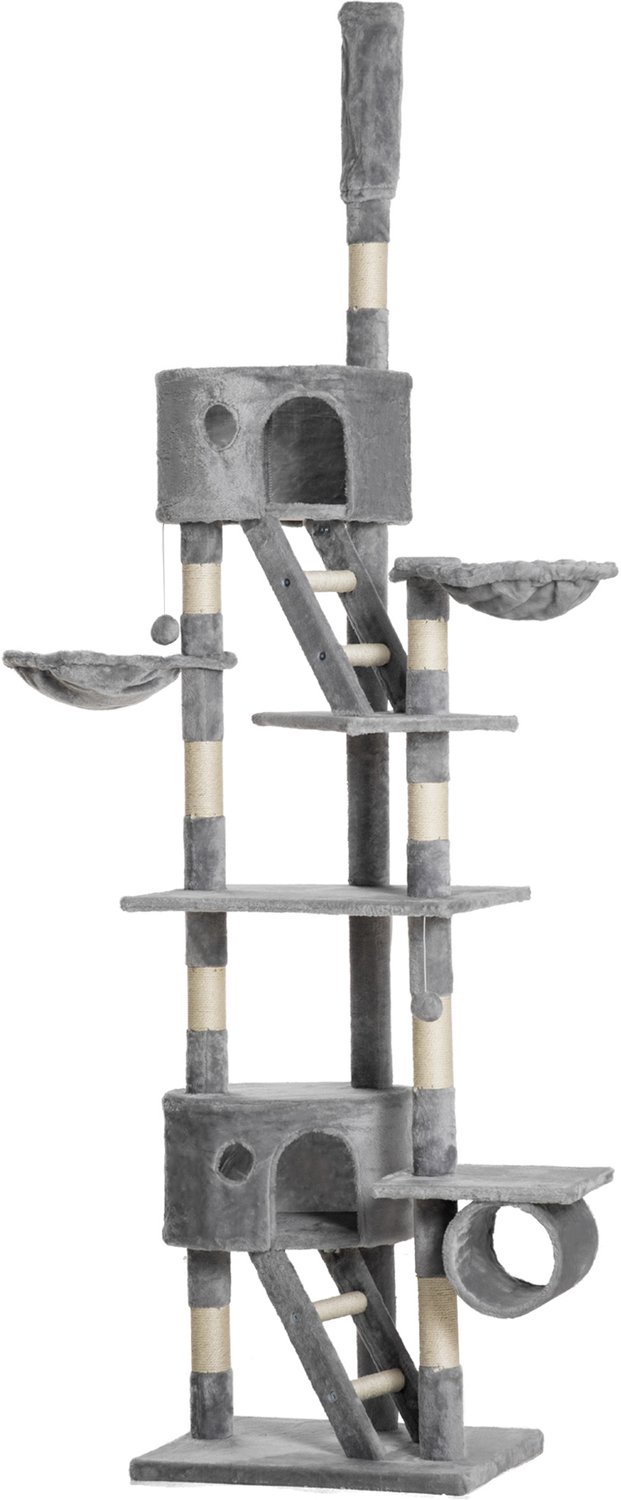 Pawona Krabpaal plafondhoog - Met 2 slaapholen, 2 hangmatten en speelballen - 60 x 45 x 240-260 cm - Lichtgrijs