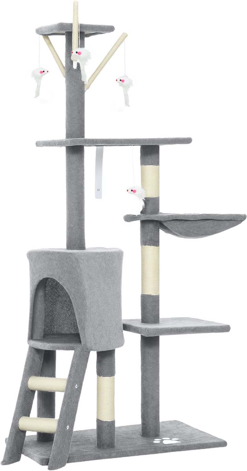 Pawona Krabpaal - Met 1 hol, schommelnest, sisalstammen en 4 speelmuizen - 60 x 35 x 134 cm - Grijs/Wit