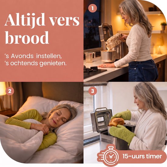Een collage van drie afbeeldingen: een vrouw die ingrediënten toevoegt aan een broodbakmachine, een vrouw die slaapt, en een vrouw die versgebakken brood uit de machine haalt.