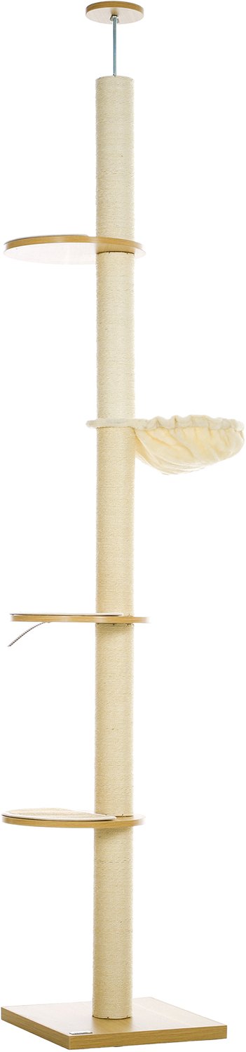 Pawona Deckenhoge krabpaal - Met sisalstam, hangmat en kussens - In hoogte verstelbaar 230-250 cm - Eikenlook/Crèmewit