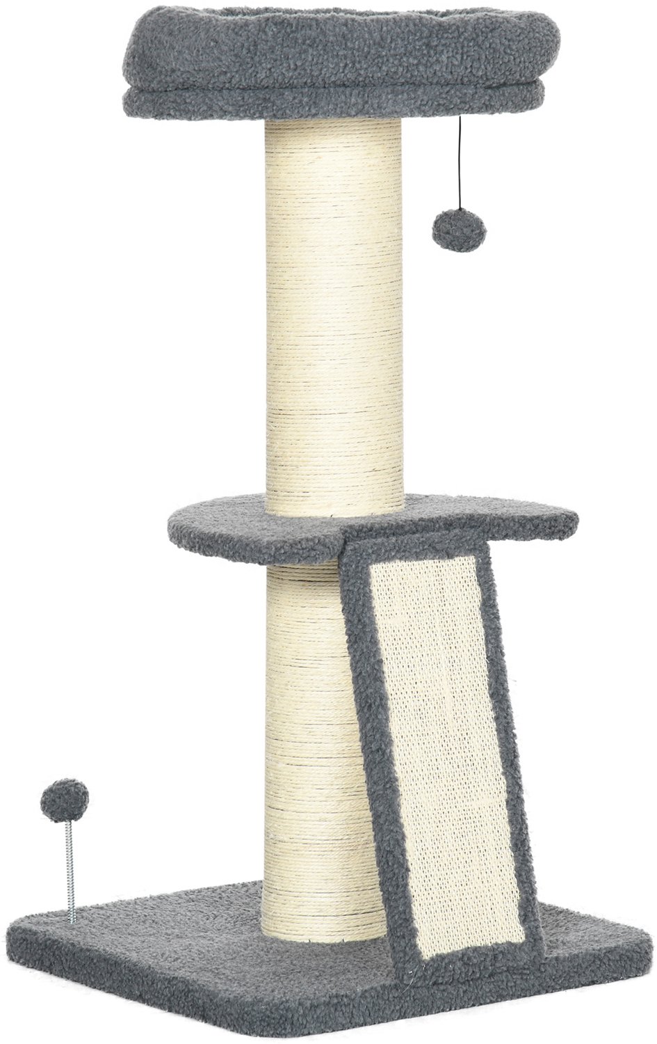 Pawona Krabpaal - Met sisal krabpaal, krabmat en speelballen - 48 x 48 x 92 cm - Donkergrijs/Crèmewit