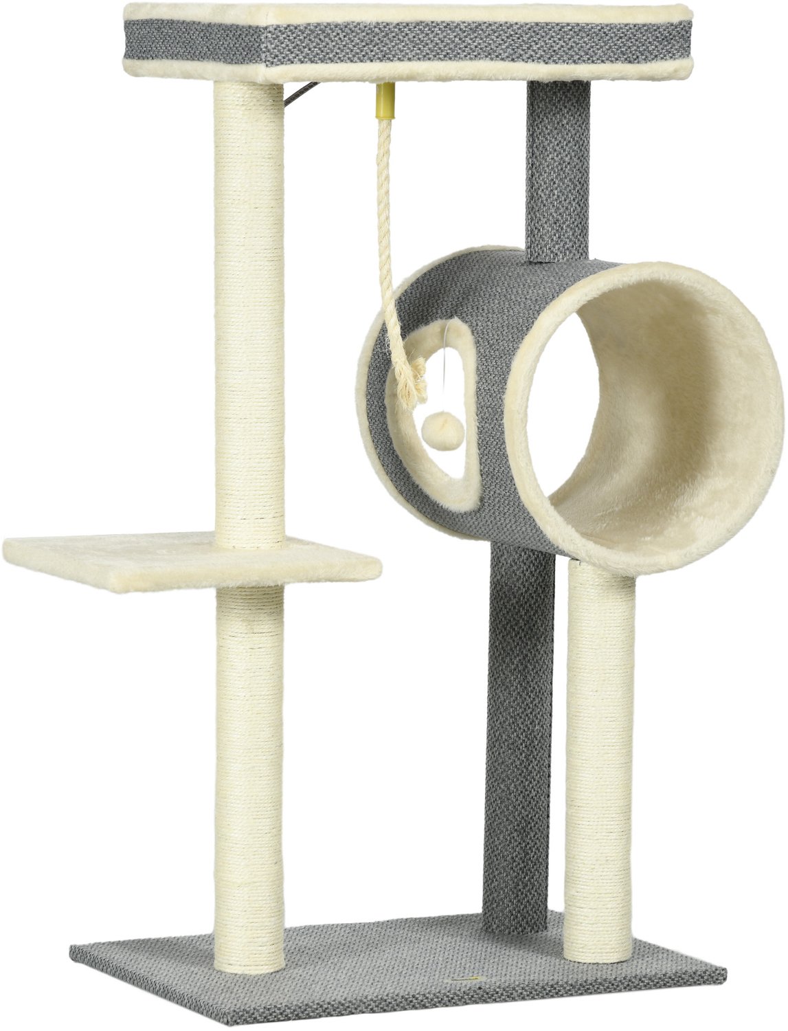 Pawona Krabpaal met kattenhuis - Met ligbedden, tunnel en krabstammen - 60 x 40 x 104 cm - Grijs/Beige