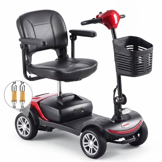 Rode scootmobiel met zwarte zitting en stuur, voorzien van een mandje voorop en 4 wielen.