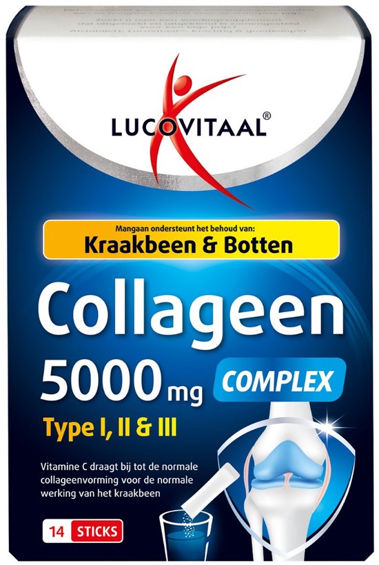 Doosje Lucovitaal Collageen Complex 5000 mg met 14 sticks. Afbeelding van een menselijk kniegewricht.