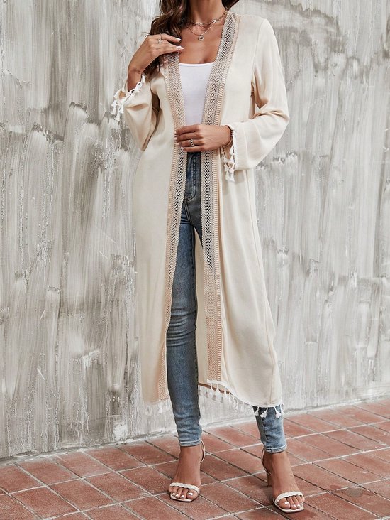 Cardigan Dames Lang met Franjes Bloemenborduursel Legergroen & Beige-Beige-S