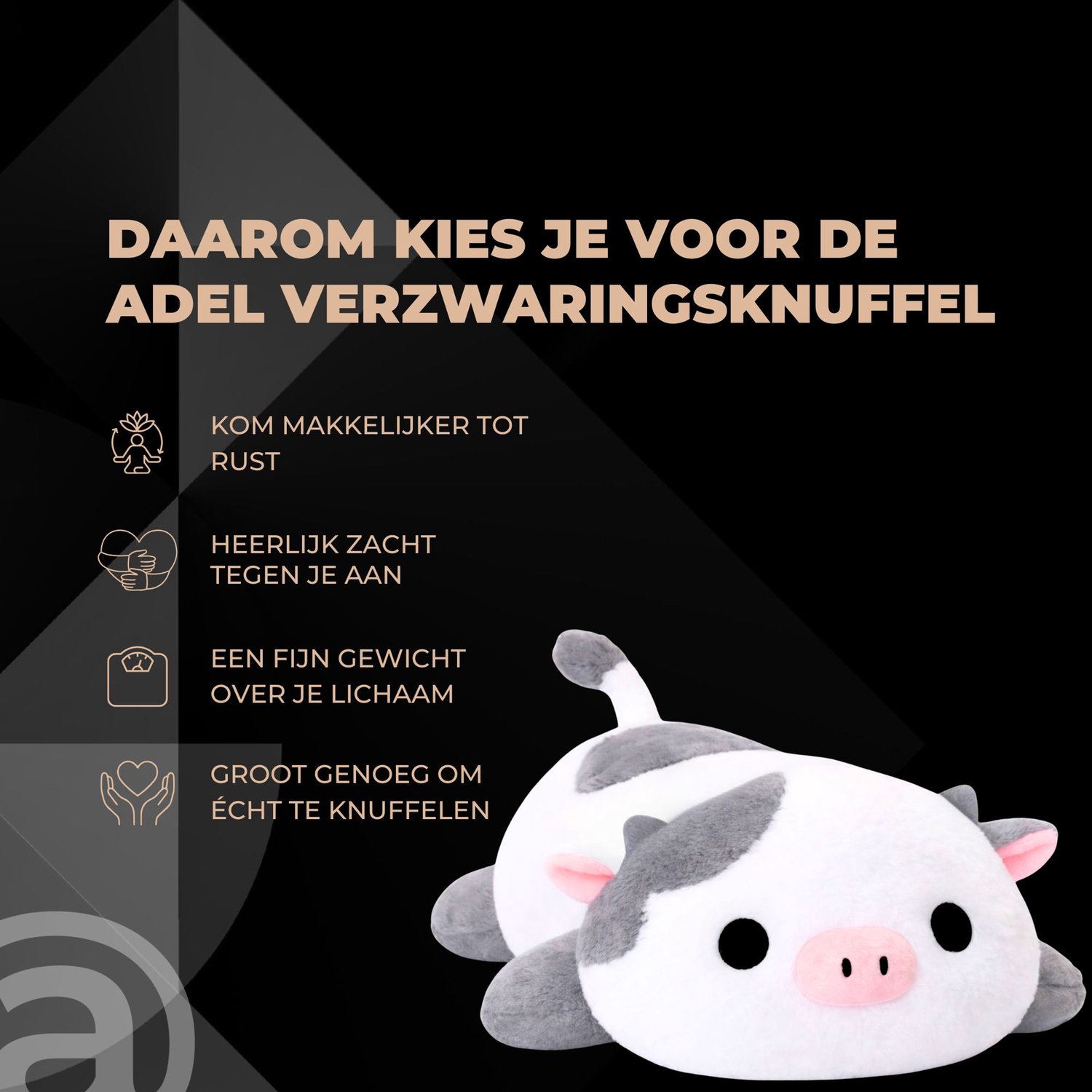 ADEL Verzwaringsknuffel Koe 2 kg – Zachte Verzwaarde Knuffel / Weighted Stuffed Animal – Verzwaringskussen Kind & Volwassenen – Rustgevend Knuffeldier — afbeelding 2